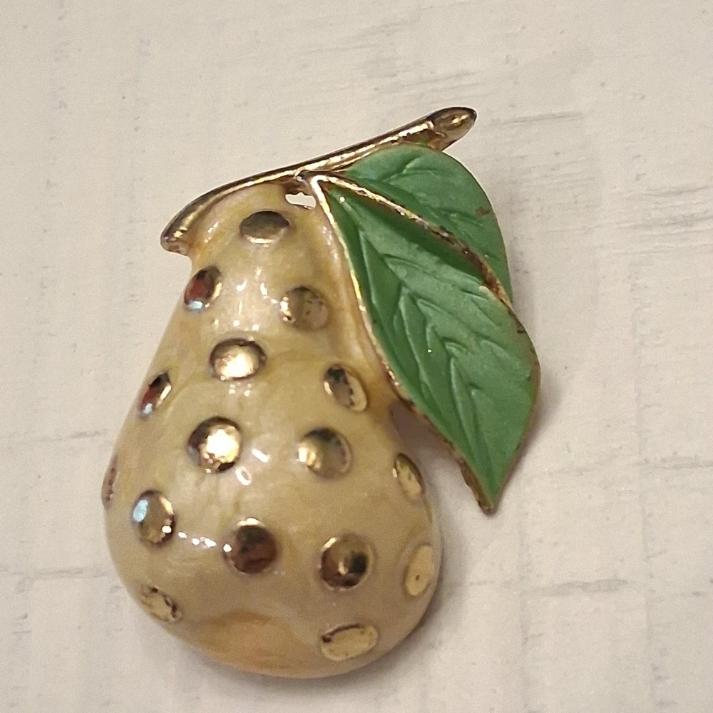 Gold Tone Enamel Polka Dot Pear Brooch Pin